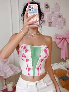 Spicy Aura 1pc Women's Embroidered Wireless Sexy Bra Strawberry Top Cute Corset Top Embroidered Top - Multicolor - View 4