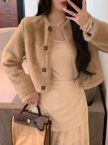 DAZY Casual Versatile Solid Color Fluffy Short Jacket, Autumn/Winter Women Coats - Khaki - View 1
