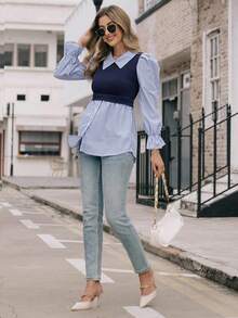 EMERY ROSE Ladies" Fashionable Elegant Blue And White Striped Top - Blue - View 6
