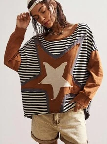 Bohemela Áo thun tay dài dáng rộng in hình sao và sọc BOHO phong cách Mỹ dành cho nữ - Xám - Xem 6