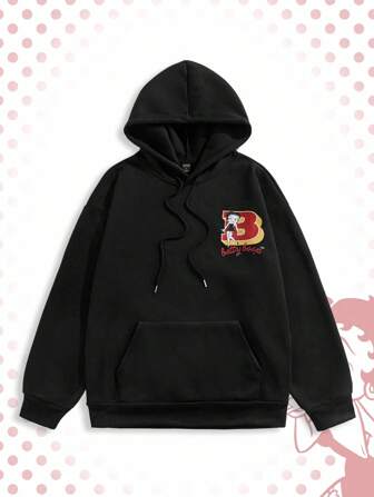 Betty Boop | ROMWE Men Letter And Cartoon Graphic Hooded Long Sleeve Sweatshirt