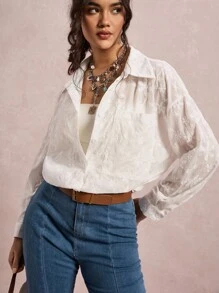 SHEIN VCAY 休闲时尚百搭简约长袖大码女式衬衫，适合返校季教师穿着，刺绣波西米亚风外出上衣，商务休闲机场秋季穿着 - 白色 - 查看 7