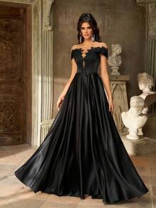 Aureia 优雅奢华黑色露肩超喇叭形仿珍珠刺绣蕾丝贴花透明网眼缎面褶皱连衣裙，适合婚礼、派对、舞会、度假、晚会