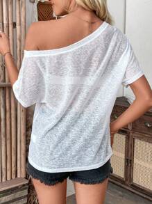 Calvaya Women's Casual See-Through Short Sleeve Top, Spring/Summer - White - View 2