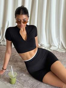 Easithlete 女士健身服套装 - 无缝半拉链短袖上衣和撞色绑带短裤，非常适合瑜伽、户外活动和日常休闲