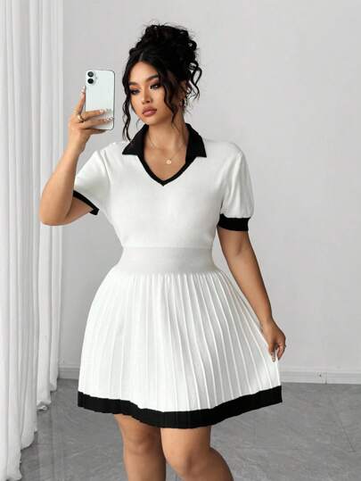 Elenzga 夏季大码撞色绑带毛衣裙