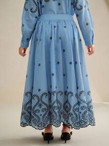 Anewsta 加大码条纹刺绣半身裙，适合春季、节日、假日、度假，优雅女士连衣裙 - 藍色 - 查看 2