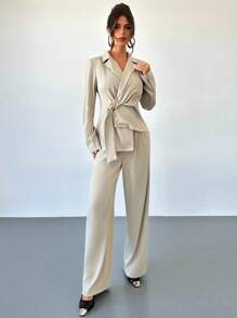 Firerie Women's Elegant Casual/Office/Formal Khaki Asymmetrical Lapel Metal Button Tie Waist Asymmetrical Hem Long Sleeve Blazer And Wide Leg Pants Suit In Fall/Winter - Khaki - View 6