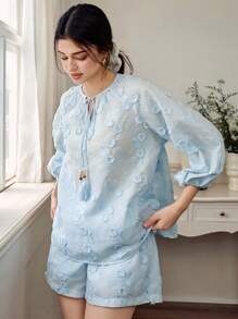 DAZY Women's Summer Loose Casual Holiday Beach Hollow Lace 3D Jacquard Drawstring Spaghetti Strap Beaded Tassel Decor Top And Shorts 2 Pieces Set