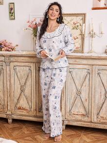 Set di pigiama da donna a maniche lunghe con scollo rotondo, balze, pizzo e fiocco, con motivo floreale ditsy romantico di CottageSlumber