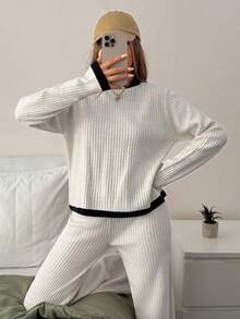 EURMUSE Casual Crew Neck Rib Knit Melange Yarn Contrast Color Stripe Hem And Neckline Drop Shoulder Relaxed Fit Sweater & Wide Leg High Waist Rib Knit Pants 2 Pieces Knit Set For Fall Winter Women,Petite - Apricot - View 5