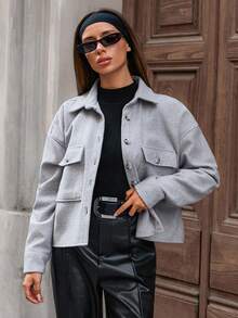 EURMUSE Front Button Pocket Solid Color Casual Long Sleeve Jacket - Grey - View 3