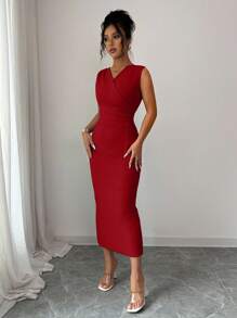 Elenzga Đầm ôm body màu trơn không tay cổ chữ V thoải mái, dễ thương, quyến rũ, lãng mạn, đi làm, thường ngày dành cho nữ - Màu Đỏ Sâu - Xem 4