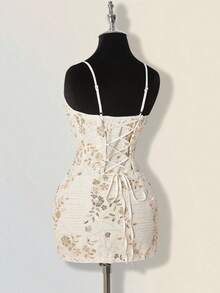 SHEIN ICON 女士正式派对串珠性感亮片刺绣细肩带短款上衣和迷你裙两件套，夏季亮片两件套 - 杏色 - 查看 11