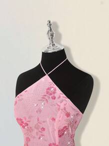 SHEIN ICON 女士串珠返校节粉色花卉亮片优雅挂脖吊带背心 - 粉色 - 查看 5