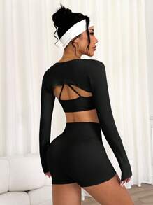 Slayform 女士时尚休闲超短袖披肩、细肩带交叉后背设计紧身衣和紧身短裤 3 件套运动服套装 - 黑色 - 查看 2