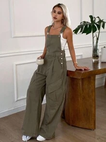 Livesso 女式宽松休闲纯色大口袋牛仔工装裤 - 橄欖綠 - 查看 6