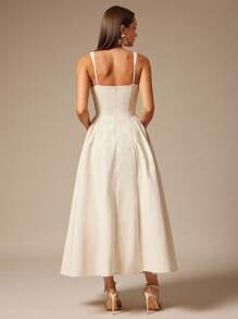 Silquee Women's Solid Color Pleated Design Square Neck Sleeveless Elegant Mid-Length Dress Cream Dress A Line Formal Dress Ankle Length Dress Ivory Dress Suitable For Daily, Dating, Going Out, Nightclub, Party, Autumn, Women's Summer Dresses, Tea Party Dresses