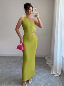 Elenzga Women's Elegant 3D Floral Decor One-Shoulder Top And Skirt 2 Pieces Set, Summer