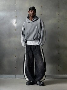 NEON BLANC 男士连帽长袖丝带拼布印花连帽衫，适合秋冬 - 灰色 - 查看 6