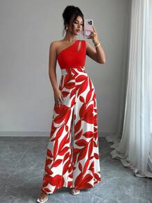 Elenzga Bộ đồ liền thân ống rộng in họa tiết vá vai chéo dành cho nữ - Đỏ - Xem 4