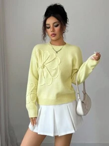 Elenzga Suéter de punto de cuello redondo elegante para mujer con diseño floral bordado y unicolor, para otoño e invierno