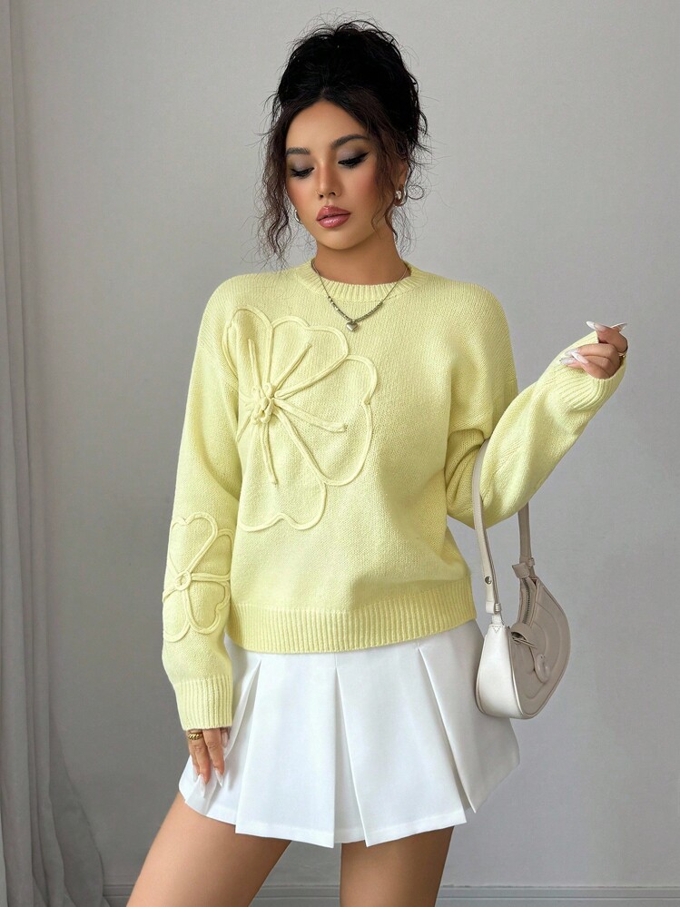 Elenzga Women's Elegant Round Neck Embroidered Floral Design Solid Color Sweater Knit Pullover Fall Winter - Yellow - View 8