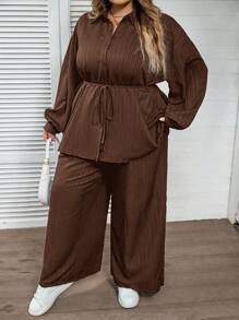 SHEIN CURVE+ 大码休闲纯色衬衫和裤子两件套