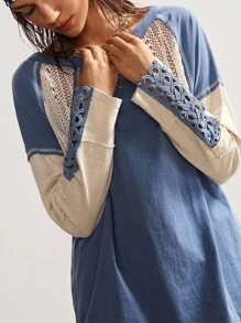 Bohemela 休闲针织拼布圆领长袖宽松女式T恤蕾丝长袖上衣波西米亚风上衣女式西部上衣，女式秋季服装 - 藍色 - 查看 4