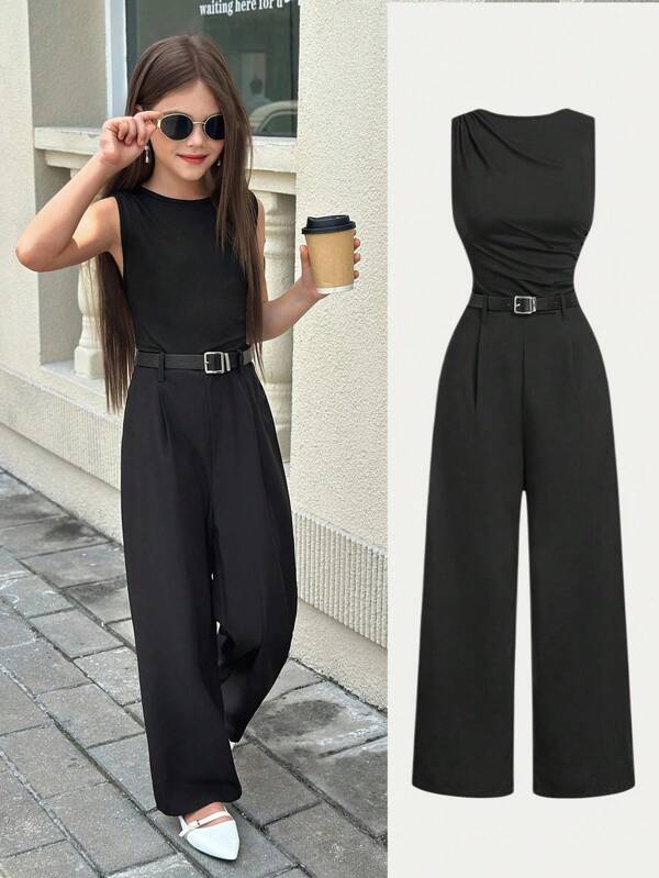 SHEIN Tween Girls' Black Plunge Neck Jumpsuit For Commute & Daily Wear Black Jumpsuit Wide Leg Jumpsuit One Piece Jumpsuit Sleeveless Jumpsuit