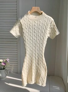 Comfortcana Women's Twist Cable Pattern Backless Lace-Up Short Sleeve Knitted Dress - Apricot - View 3