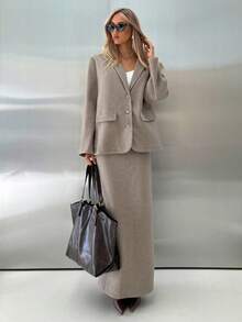 Aloruh Women's Mocha Floral Chiffon Tweed Blazer Jacket And Straight Skirt 2 Pieces Suit Set,Shades Of Brown,Summer,Business Casual,Everyday Office Wear - Mocha Brown - View 6