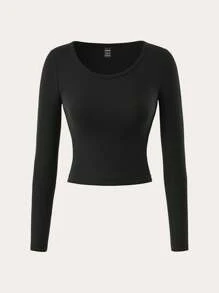 SHEIN PETITE Women's Casual Basic Crew Neck Tight Fitting Black Long Sleeve T-Shirt, Suitable For Summer & Autumn/Winter - Black - View 5
