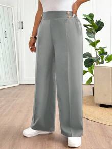 SHEIN Frenchy Plus Size Women's Fashion Casual Black Long Pants, Daily Commute & Outdoor Necessities, Metal Button Decoration, Functional Pockets, 2025 New Stylish Black Trousers