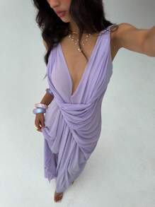 Aloruh 女士新款夏季雪纺连衣裙，纯色浅紫色透视设计，扭结领口，优雅长裙女士派对连衣裙薰衣草连衣裙丁香连衣裙紫色连衣裙女神连衣裙女士夏季连衣裙女士连衣裙女士夏季服装女士连衣裙女士夏季防晒连衣裙 - 淡紫色 - 查看 7