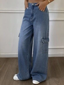 Livesso Women's Casual Washed Wide Leg Cargo Jeans - Light Wash - View 4