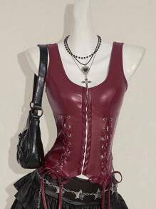 SHEIN ICON Y2k 女士哥特风酒红色露背纯色 PU 皮革系带设计时尚 PU 皮革上衣