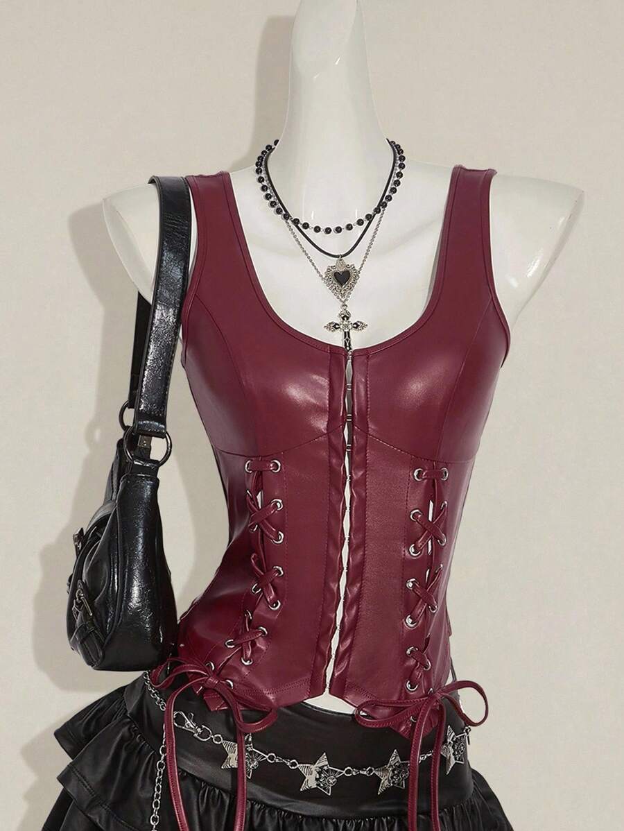 SHEIN ICON Y2k 女士哥特风酒红色露背纯色 PU 皮革系带设计时尚 PU 皮革上衣