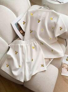 SHEIN 2 pezzi Set casual da donna composto da pantaloncini corti a girocollo e pantaloncini a forma di beeernern