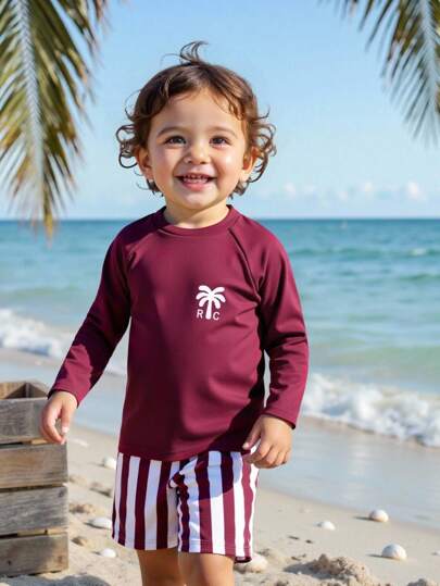 SHEIN 2pcs/Set Young Boys' Fashion Casual Swimwear, Striped Swim Trunks + Solid Color Top, Suitable For Swimming, Surfing, Beach, Vacation