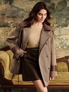 Anewsta Women's Classic Plaid Design Contrast Color Faux Leather Lapel Loose Fit Coat, Suitable For Autumn, Winter, Going Out, Elegant, Formal, Party, Chic, New Year, Christmas, Work, Graduation, Wedding