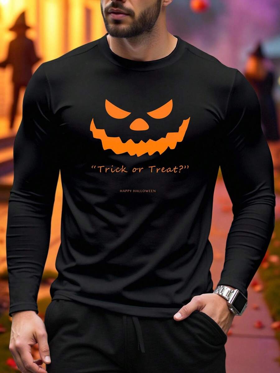 Manfinity Homme 男士万圣节南瓜脸印花圆领长袖 T 恤，秋季男士万圣节衬衫，不给糖就捣蛋衬衫，杰克 O 灯衬衫，万圣节角色扮演派对装 - 彩色 - 查看 1