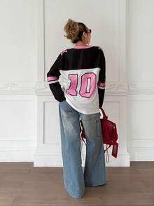 SHEIN Teen Girls' Loose V-Neck Drop Shoulder Letter Print Casual Sports T-Shirt, Blokette Long Sleeve Tee, Summer Fall Winter - Black - View 5