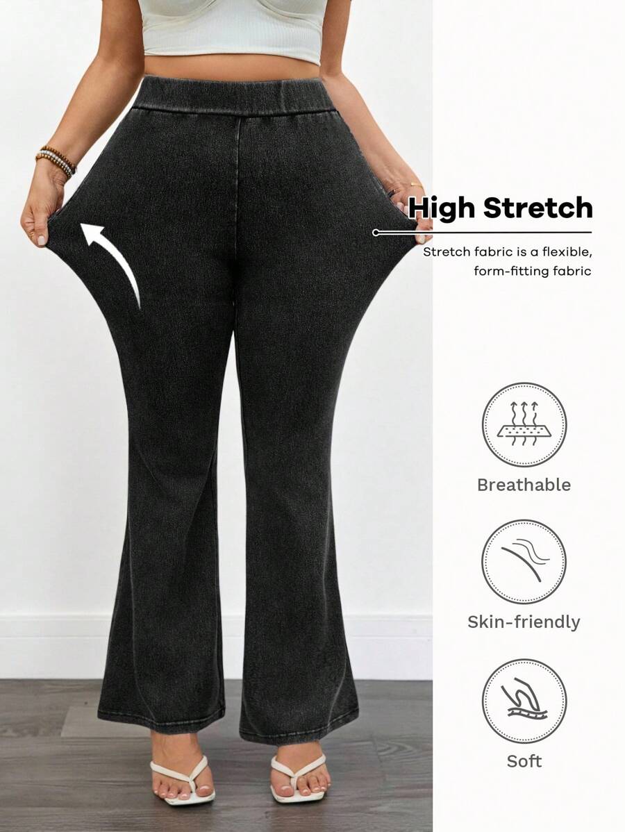 SHEIN Tall CURVE جينز أسود بخصر مطاطي وساق واسعة، مناسب للمناسبات الكاجوال والخروج والنوادي والمطار، مناسب للمقاسات الكبيرة، للصيف والخريف والعودة للمدرسة والهالوين والطراز Y2K من القرن ال- 2000، طراز شارع جميل، غوث، جرانج، تكنو - الأسود - مشاهدة 1