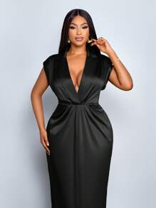 SOLERSUN Women Commute Minimalist Office Old Money Simple Lapel Neck Batwing Sleeve Ruched Bodycon Satin Dress Maxi Women Outfit