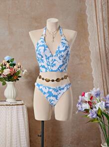 SHEIN Swim Conjunto de tankini con estampado floral Traje de baño de 2 piezas con parte superior halter y parte inferior de talle alto