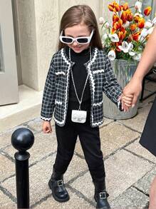 Elladie kids Young Girl Black Plaid Twist Ribbon Pearl Button Elegant Jacket - Black - View 5