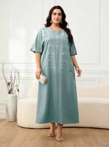 Al Najma 大码女式休闲宽松腰果刺绣短袖阿拉伯连衣裙 - 綠色 - 查看 5