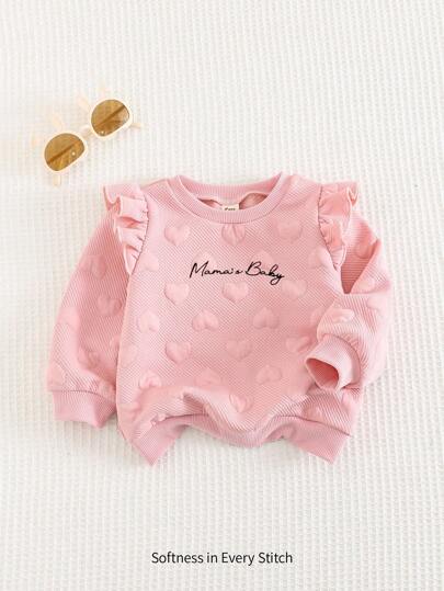 Cozy Pixies Baby Girl Heart Pattern Solid Color Soft Knit Ruffle Trim Crew Neck Long Sleeve Pullover Sweatshirt,In Fall/Winter