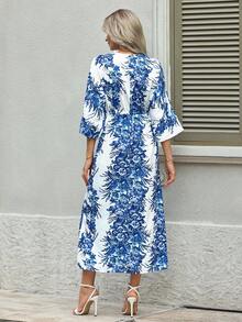 EMERY ROSE Women's Deep V-Neck Floral Printed Waist-Tightening Dress Maxi Vacation Beach Outfit